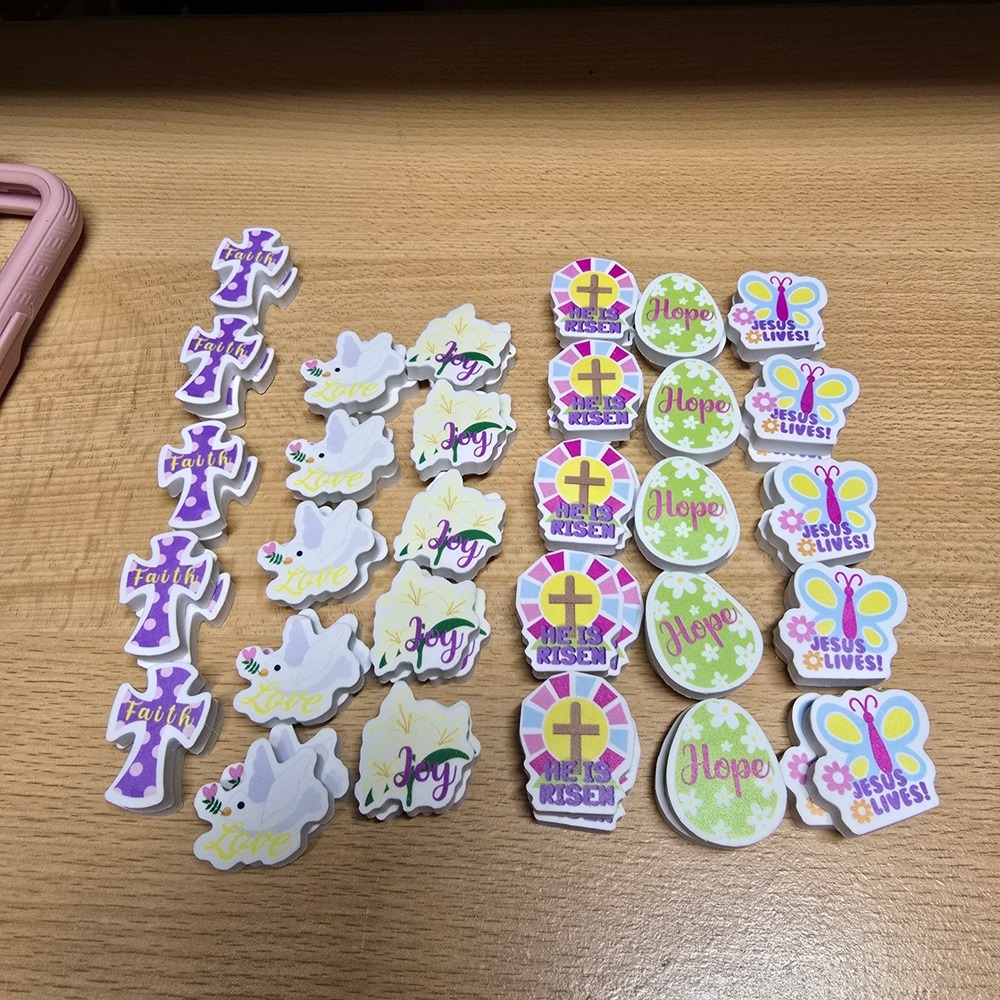 Religious Easter Eraser Set Faith Hope Joy Jesus Lives He Is Risen Bulk 30pc